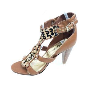 Beverly Feldman Leopard Studded Heels Tan Gladiator Sandals Size US 9